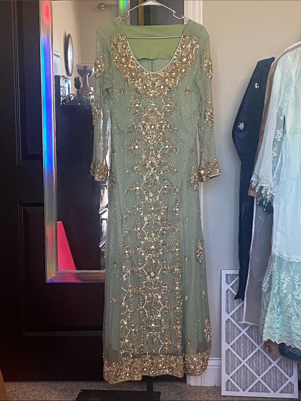 Embellished Sage Green Women's maxi  with Gold Sequin Embroidery